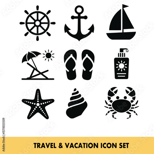 Travel and vacation icons depicting leisure and adventure essentials for global exploration needs