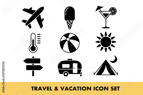 Travel and vacation icons depicting leisure and adventure essentials for global exploration needs