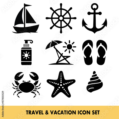 Travel and vacation icons depicting leisure and adventure essentials for global exploration needs