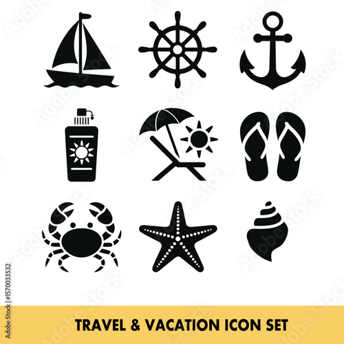 Travel and vacation icons depicting leisure and adventure essentials for global exploration needs