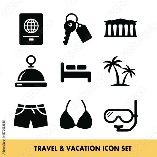 Travel and vacation icons depicting leisure and adventure essentials for global exploration needs
