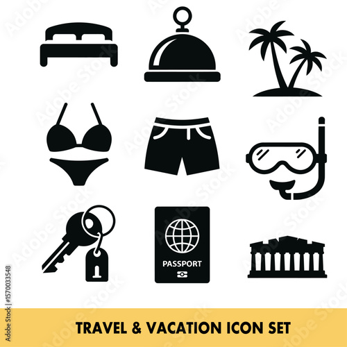 Travel and vacation icons depicting leisure and adventure essentials for global exploration needs