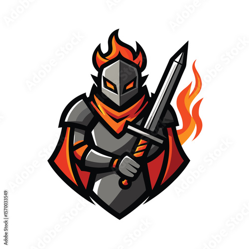 Medieval knight with flaming sword and intense focused gaze Vector illustration
