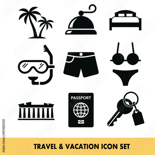 Travel and vacation icons depicting leisure and adventure essentials for global exploration needs