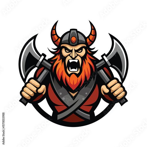 Roaring viking warrior wielding twin axes in fury Vector illustration