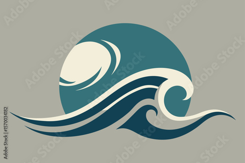 Japanese Ink Wash Style Moon and Waves Abstract