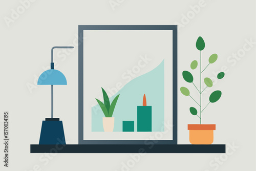Art Frame with Plants and Lamp on Shelf