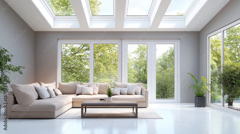 Fototapeta premium Light-filled modern living room with large windows