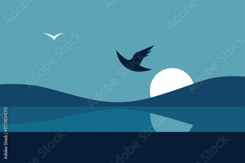 Minimalist Bird Flying Over Still Water
