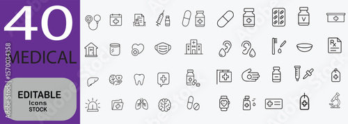 Collection of forty editable medical and healthcare line icons representing various symbols and elements