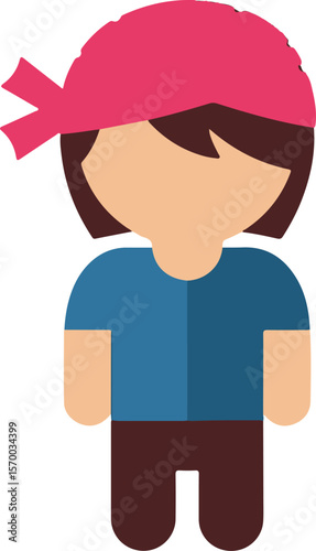 Simple illustration of a person with a pink headscarf and a blue shirt.