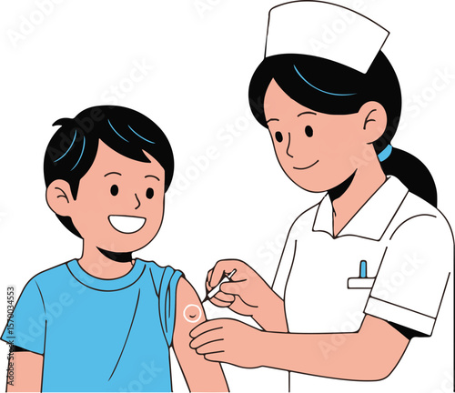 A nurse administering a vaccine to a smiling young boy in a medical setting.