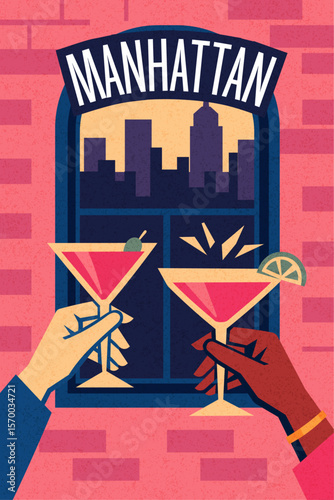 Hands holding Manhattan cocktails by city window