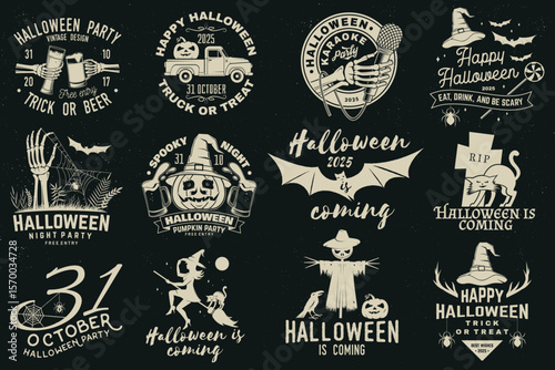 Set of Halloween celebration collection with retro grunge effect. Halloween party retro templates, badges, seals, patches. Concept for shirt or logo, print, stamp. Typography design- stock vector.