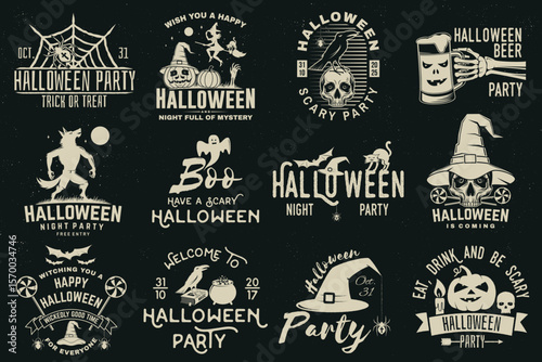 Set of Halloween celebration collection with retro grunge effect. Halloween party retro templates, badges, seals, patches. Concept for shirt or logo, print, stamp. Typography design- stock vector.