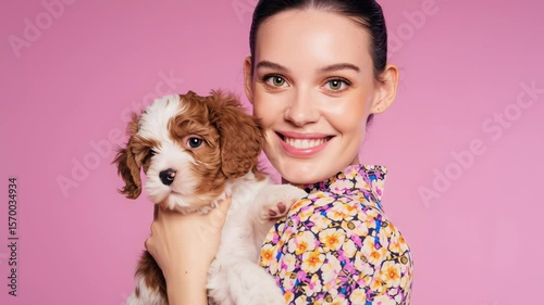 Young caucasian woman holding a cute puppy against a pink background, showing affection for the pet in a studio setting footage.