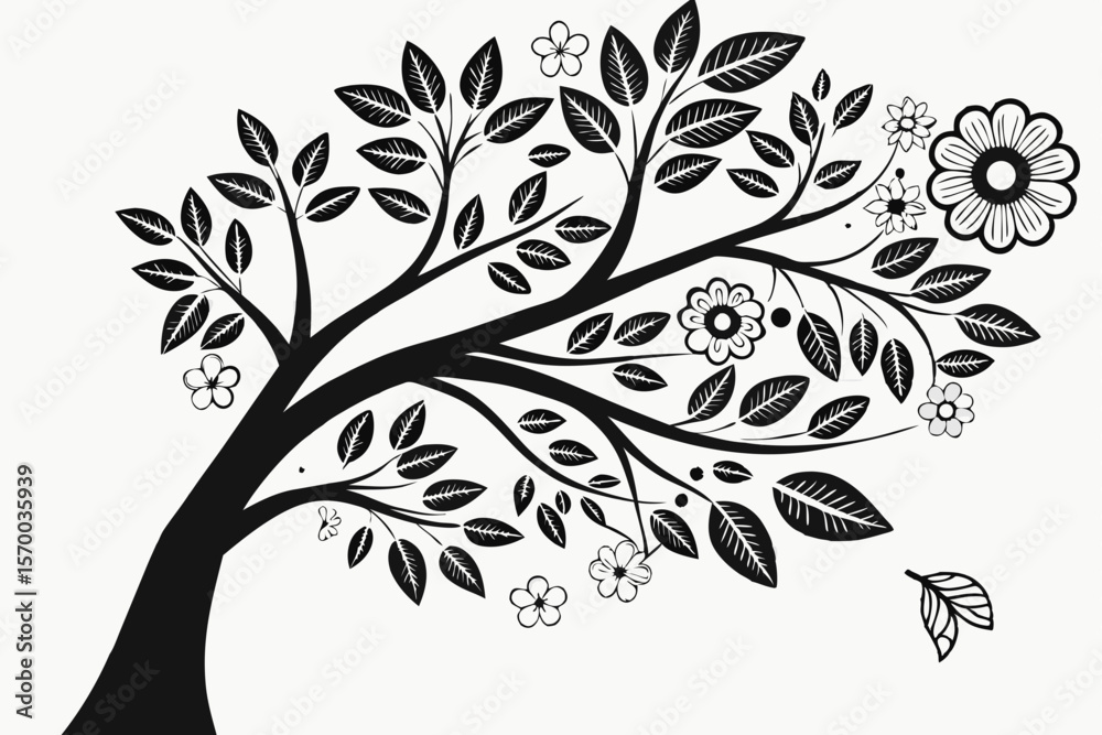 Obraz premium Elegant black and white tree illustration with floral elements on a transparent background ideal for designs
