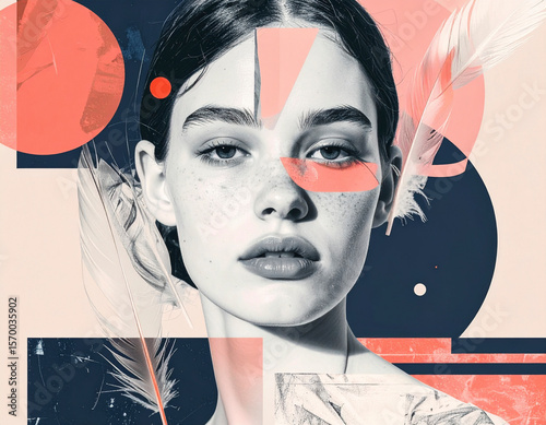 Contemplation and Contrast – Digital Collage Portrait of Woman with Feathers and Abstract Shapes