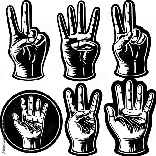 Black and white hand gestures demonstrating different numbers in a simplified illustration style