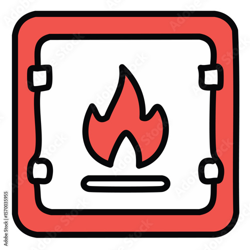 Fire Alarm Red rectangular box with flame symbol and bell, white background.