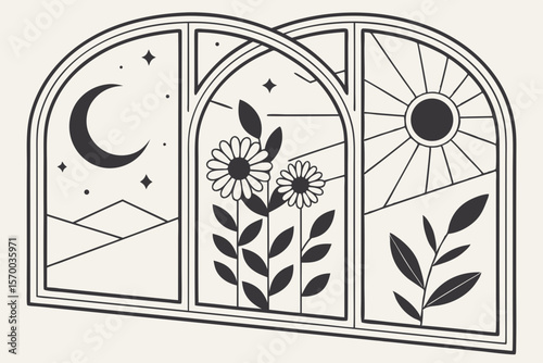 Minimalist celestial and botanical window art illustration featuring moon flowers sun and leaves with clean lines