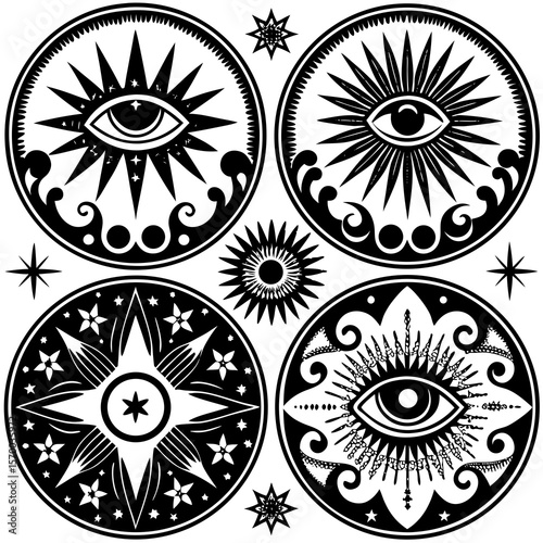 Mystical ornamental black and white eye symbols with stars and geometric patterns for decorative designs