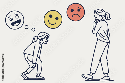 Human emotions concept with people and emoji faces expressing happiness sadness and uncertainty suitable for designs