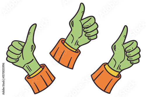Three green hands with thumbs up gestures in orange sleeves illustration suitable for digital designs