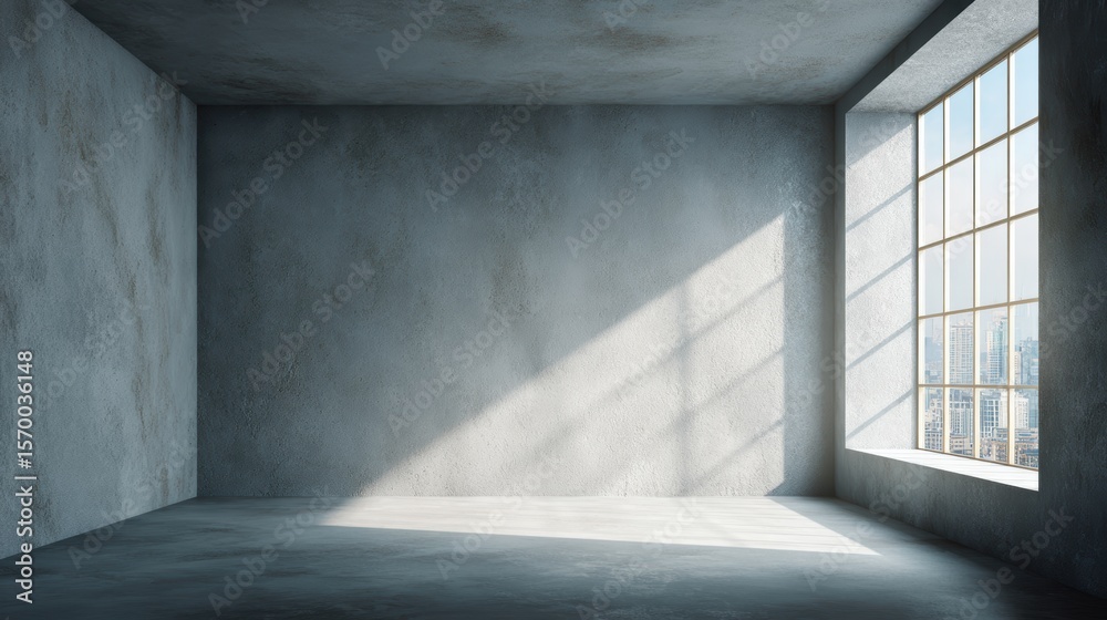 Fototapeta premium Empty sunlit concrete room with large window, casting shadows on the floor and walls, overlooking a cityscape with high-rise buildings