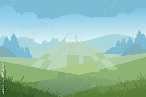 Foggy Morning Meadow with Light Rays