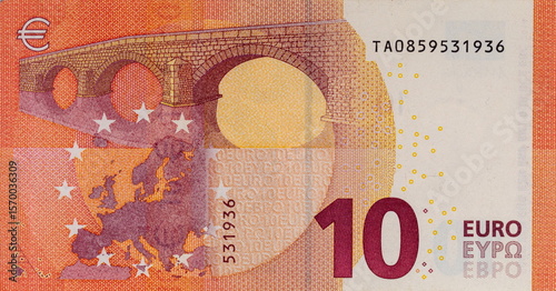 10 euro banknote, fragment for designers. Money of the European Union and Europe.