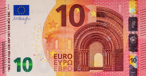 10 euro banknote, fragment for designers. Money of the European Union and Europe.