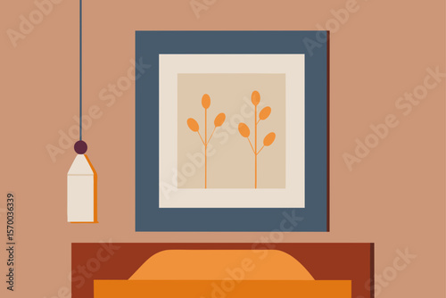 Framed Art with Hanging Dried Flowers Beside Bed