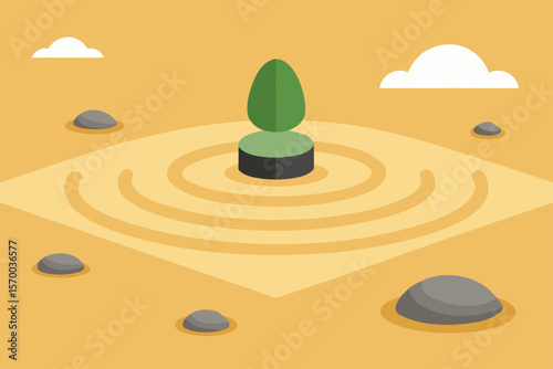 Japanese Zen Garden with Raked Sand and Stones