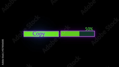 File transfer from computer folder copying data transparent neon line animation. Beautiful neon color file icon copy loading on black background.