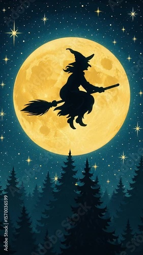 Halloween witch flying on broomstick across full moon night sky with stars and dark forest silhouette perfect for magical spooky illustrations seasonal posters and fantasy holiday art design