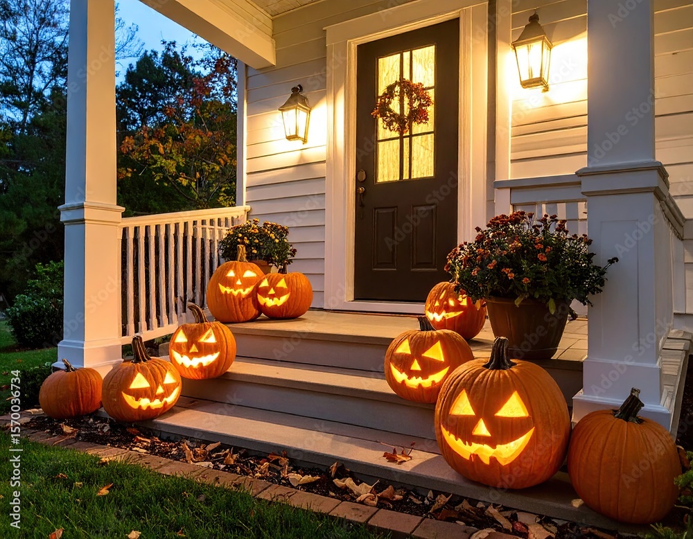 Obraz premium Halloween porch with carved pumpkins