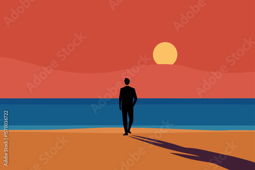 Figure Walking Along Beach at Sunset