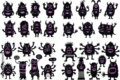 A Collection of Whimsical Monsters with Varying Shapes, Sizes, and Horns in Dark Silhouettes
