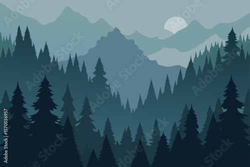 Moody Foggy Forest with Silhouettes