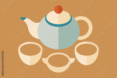 Ceramic Tea Set on Linen Background Overhead View
