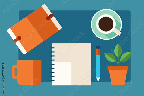 Organized Desk with Coffee and Notebook Flatlay