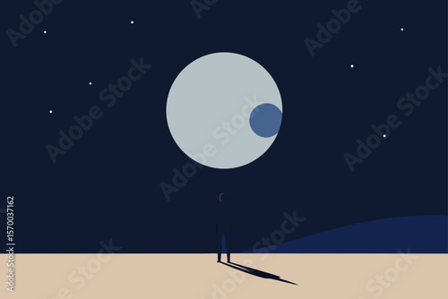 Lone Person Standing Under a Giant Full Moon