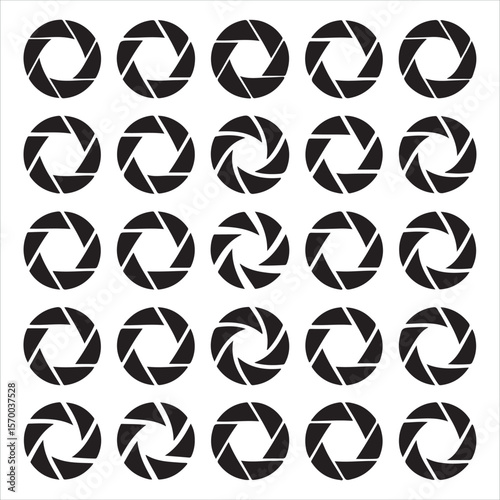 Seamless pattern of black camera aperture blades on a white background
