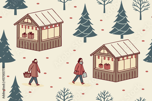 Festive christmas market illustration featuring booths shoppers and decorative winter elements on white background
