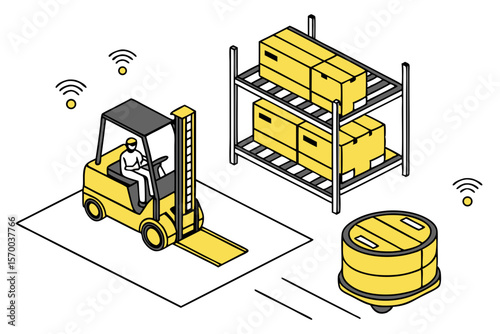 Isometric illustration of a modern warehouse logistics operation featuring a forklift, shelving unit, and robotic transport system.