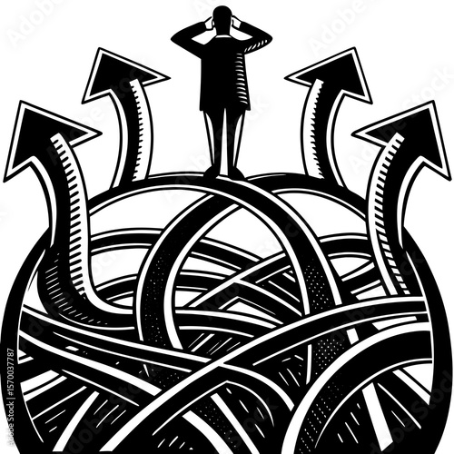 Overwhelmed business person considering multiple confusing paths abstract concept uncertainty decisions problem