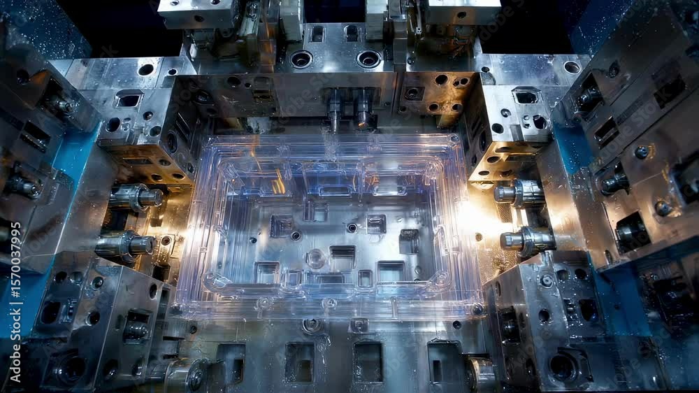 Industrial plastic injection molding machine is creating a transparent plastic box in a modern factory, showcasing the manufacturing process of plastic products