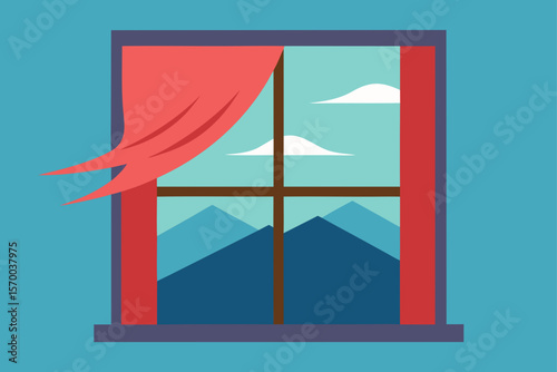 Window View with Curtains Blowing and Mountain Scene