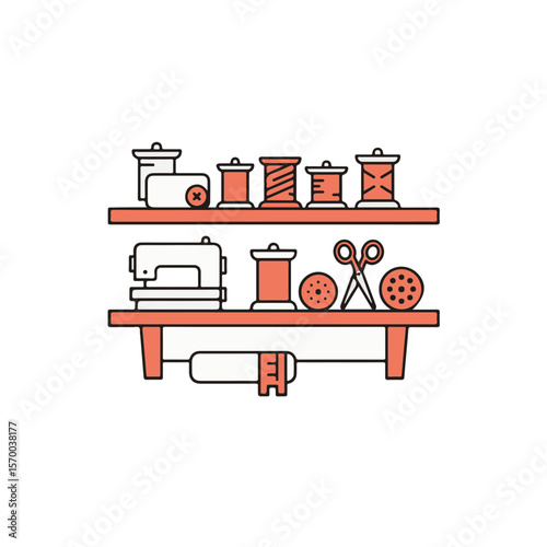 Sewing Craft Material Set Arranged on Shelves.